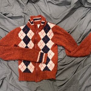 Urban Outfitters Rust Argyle Full-Zip Sweater Jacket